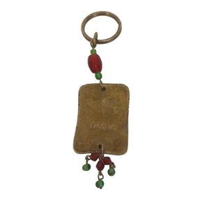 Bronze Brass Keyring Keychain Peace Dove Green Red Beads Charm Pendant 4.5 x 1.5